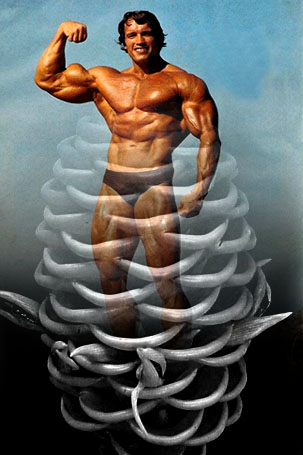Arnold flexing chest and biceps rising out of hive