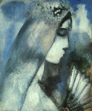 Painting of solemn bride with  fan by Marc Chagall