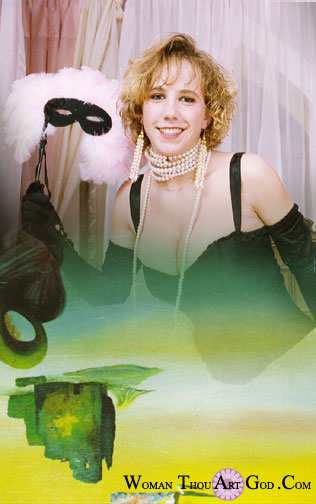 Beautiful girl drowning in pearls in black opera gloves and mask, amalgamated to a dreamlike state with a painting by Dali