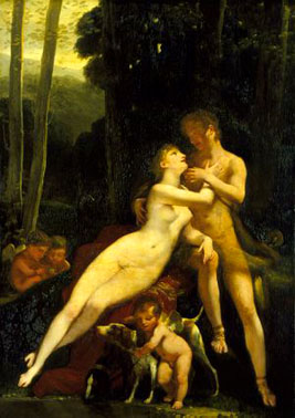 Classical painting of a nude man and woman in loving embrace, preparing for a kiss white cherubim and  dog surround  them